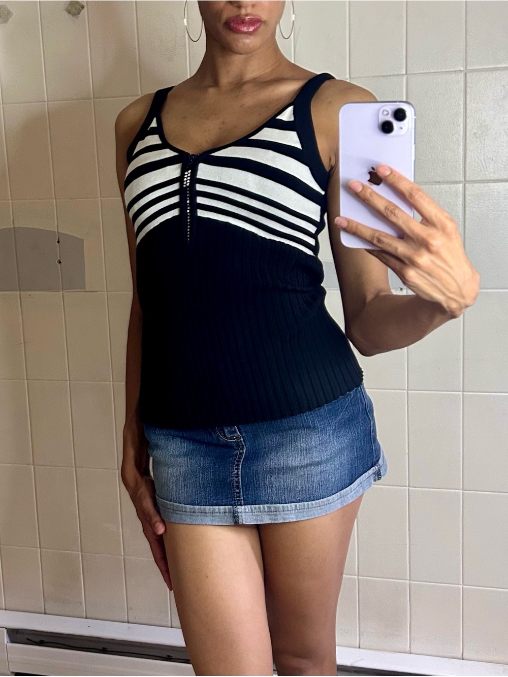 Belldini Striped Ribbed Zip Tank